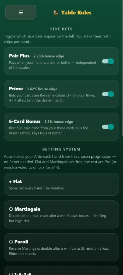 Pair Plus, Prime and 6-Card Bonus side bets