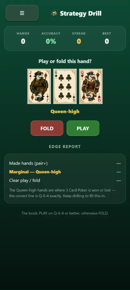 The Three Card Poker strategy trainer