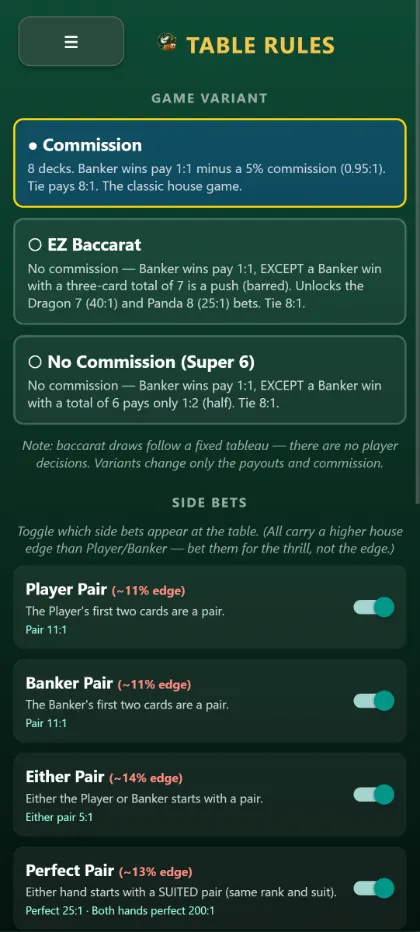 Baccarat side bets and paytables