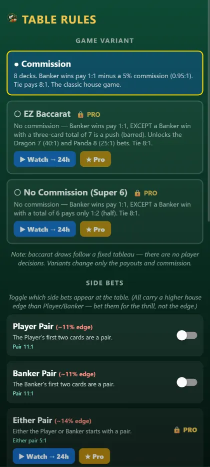 Baccarat rule variants