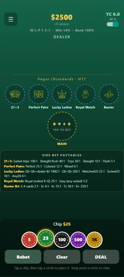 21+3 and Perfect Pairs side bets with paytables
