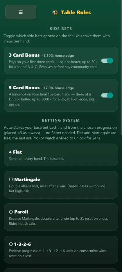 3 Card and 5 Card Bonus side bets