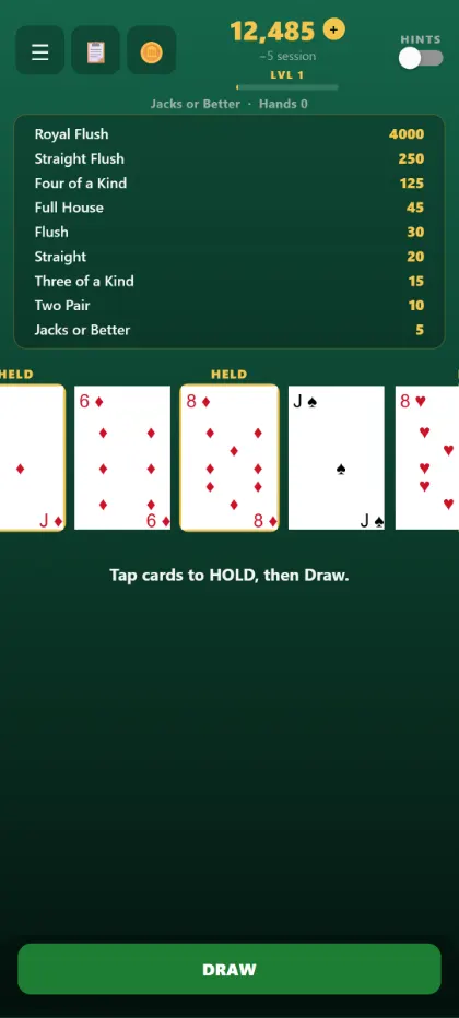 A video poker hand mid-draw